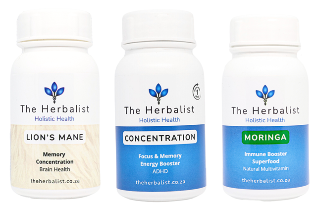The Herbalist Lion’s Mane Capsules – natural nootropic for memory, focus, and brain health support. Plus, The Herbalist Concentration supplement – natural nootropic for ADHD, memory support, mental clarity, and energy boost. Plus The Herbalist Moringa Capsules – immune-boosting superfood and natural multivitamin for energy and wellness in South Africa.