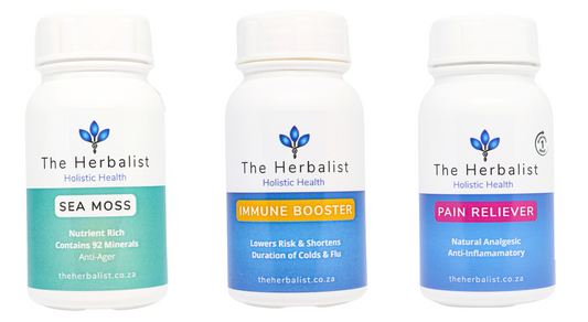 The Herbalist Sea Moss Capsules – nutrient-dense superfood with 92 minerals for immunity, skin, and anti-aging in South Africa. The Herbalist Immune Booster supplement – natural echinacea and ginseng formula to reduce cold and flu duration and support immune system health. The Herbalist Pain Reliever – natural anti-inflammatory and analgesic supplement for joint, muscle, and body pain relief 