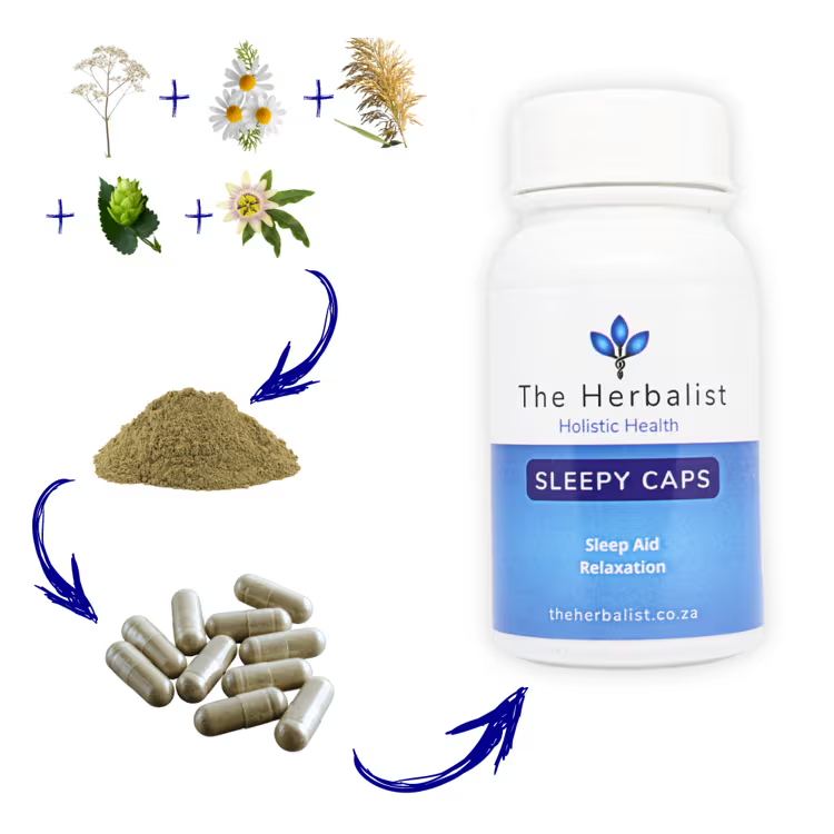 Sleepy Caps by The Herbalist – calming herbs like valerian, chamomile, and passionflower blended into capsules for better sleep