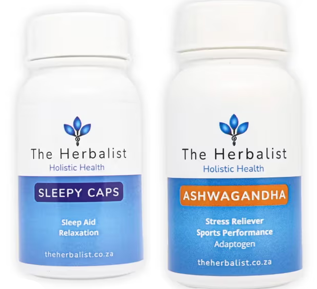 The Herbalist Sleepy Caps – natural sleep aid and relaxation supplement for stress relief and deeper sleep. Plus, The Herbalist Ashwagandha capsules supplement – natural adaptogen for stress relief, hormone balance, and performance support, holistic health product South Africa.