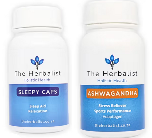 The Herbalist Sleepy Caps – natural sleep aid and relaxation supplement for stress relief and deeper sleep. Plus, The Herbalist Ashwagandha capsules supplement – natural adaptogen for stress relief, hormone balance, and performance support, holistic health product South Africa.
